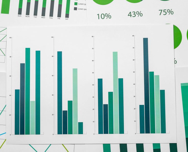 A collection of green-toned bar charts and pie graphs displaying statistical data with labels and percentages.